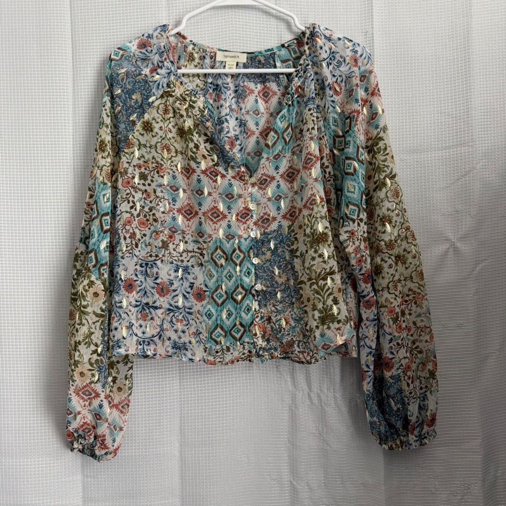 Tamara H Blouse Patchwork Floral Gold Metallic Button Front Boho Top